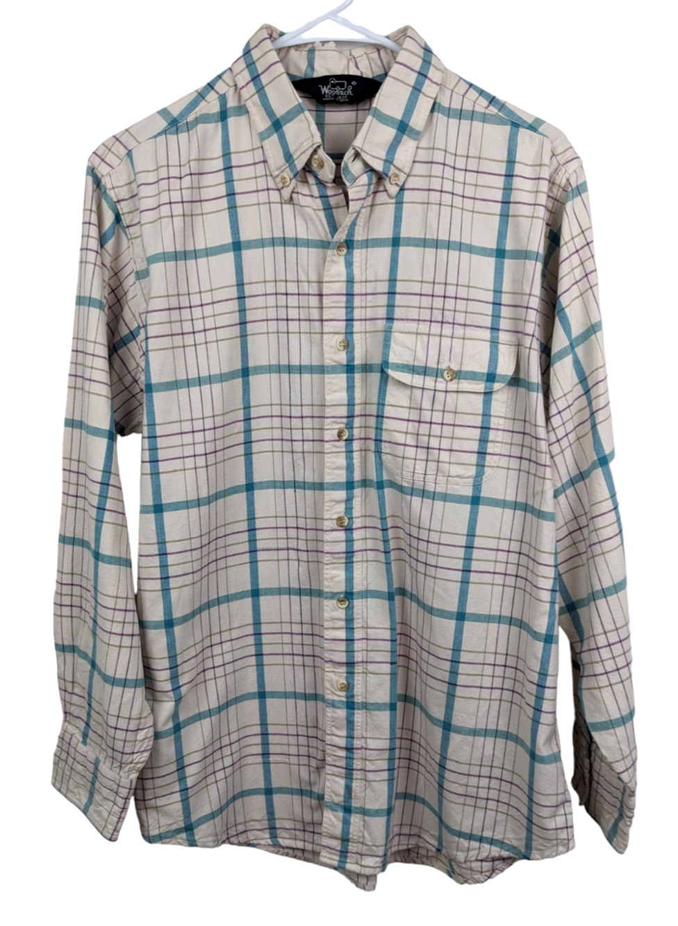 Vintage Woolrich Mens White/Teal/Purple Plaid Button Front Shirt Large 90s
